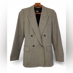 Zara Black and White Double Breasted Houndstooth Blazer Size XS